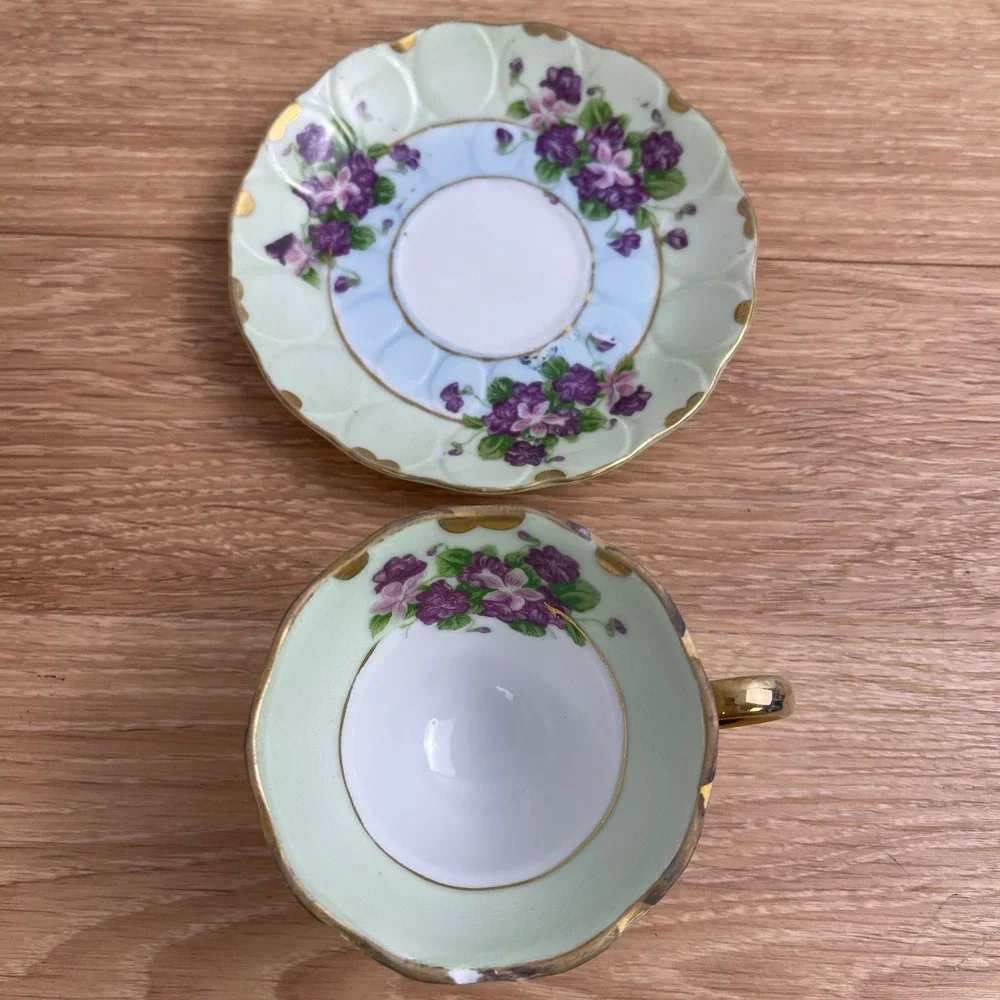 Lefton China 124 Hand Painted Violets Teacup and Saucer Set Gold Trim Mint Green